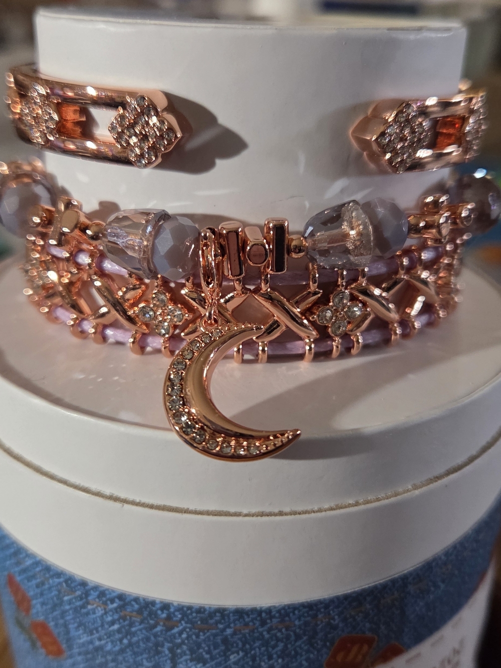 Rose Gold Crescent Moon Layered Bracelet with Lilac Beads - Women Jewelry
